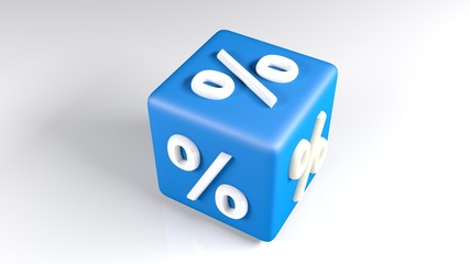 Blue cube with percent sign, on white background - 3D rendering illustration