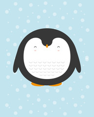 Naklejka premium Cute happy little cartoon penguin greeting card for Merry Christmas and New Year’s celebration under snow vector illustration.