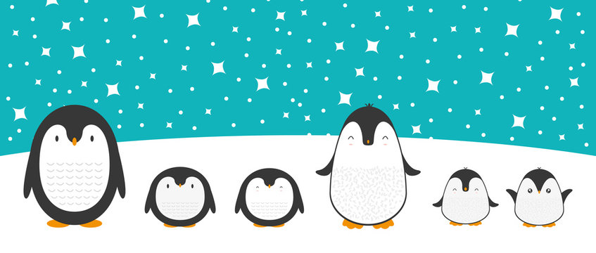 Cute cartoon penguin family greeting card for Merry Christmas and New Year’s celebration under snow and stars doodle vector illustration.