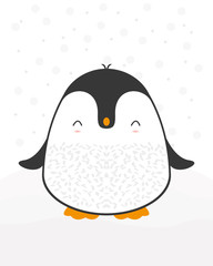 Cute cartoon penguin greeting card for Merry Christmas and New Year’s celebration under snow vector illustration.