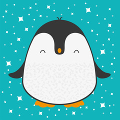 Fototapeta na wymiar Cute cartoon penguin greeting card for Merry Christmas and New Year’s celebration under stars and snow vector illustration.