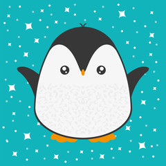 Cute cartoon penguin greeting card for Merry Christmas and New Year’s celebration under stars and snow vector illustration.