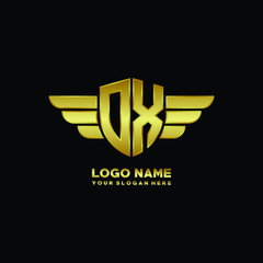 initial letter DX shield logo with wing vector illustration, gold color