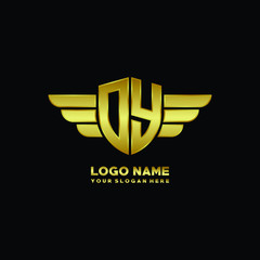 initial letter DY shield logo with wing vector illustration, gold color