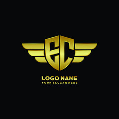 initial letter EC shield logo with wing vector illustration, gold color