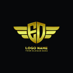 initial letter ED shield logo with wing vector illustration, gold color