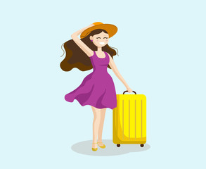 Young woman with a yellow suitcase in a bright dress in a straw hat with brim, travel vector illustration for the World Tourism Day