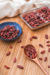 A spoon of wolfberry on a bamboo mat