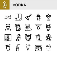 Set of vodka icons such as Cocktail, Russia, Valenki, Balalaika, Samovar, Russian, Bar, Alcohol , vodka