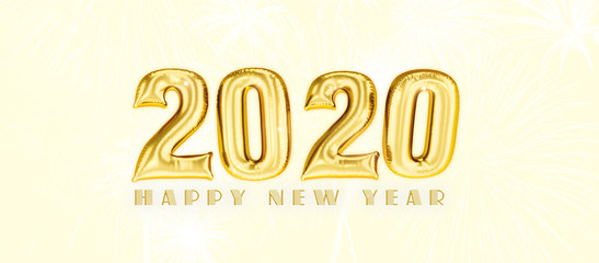 Golden Happy New Year Balloons Yellow Background. 3D illustration. 3D Rendering.