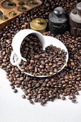 coffee cup and rustic weight