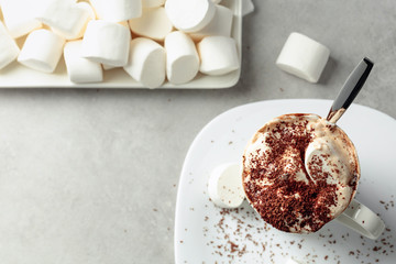 Hot chocolate with marshmallows sprinkled with chocolate crumbs.