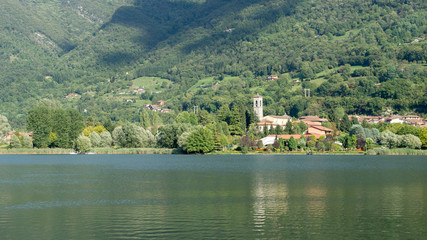 Fototapeta na wymiar View of St Michael Archangel Church at San Felice on Lake Endine near Bergamo