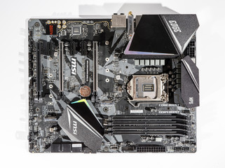 London, England, 10/09/2019 MSI MPG Z390 Gaming Edge AC audio boost wifi Connected top down view on brand new computer motherboard that's hi tech technology engineering - obrazy, fototapety, plakaty
