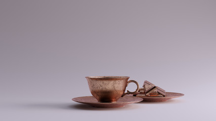 Bronze Tea Cup an Saucer with some Chocolate 3d illustration 3d render	