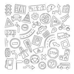 Set of cars, road objects, traffic signs and automobile symbols. Vector illustration in doodle style