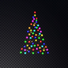 Christmas tree made of color lights  on a transparent background. Glowing lights for Xmas Holiday cards, banners, posters, web design. Vector illustration.