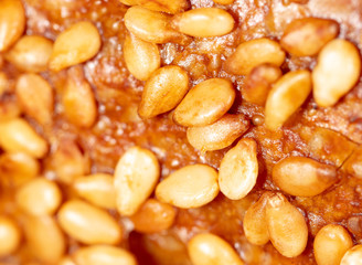 Sesame seeds on a brown crust of bread