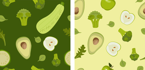Vegetables Seamless pattern. Broccoli, zucchini, avacado, basil, apple. Illustration for backgrounds, card, posters, banners, textile prints, cover, web design. Eat healthy. Vector icons.