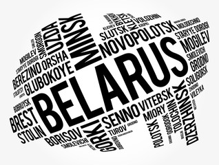 List of cities and towns in Belarus, word cloud collage, business and travel concept background