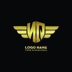 initial letter NQ shield logo with wing vector illustration, gold color