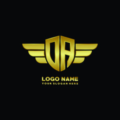initial letter OA shield logo with wing vector illustration, gold color