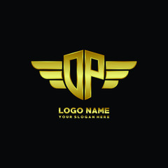 initial letter OP shield logo with wing vector illustration, gold color