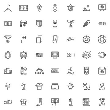 Soccer line icons set. Football sport linear style symbols collection, outline signs pack. vector graphics. Set includes icons as referee card, whistle, corner kick, goal, goalkeeper, player man, ball