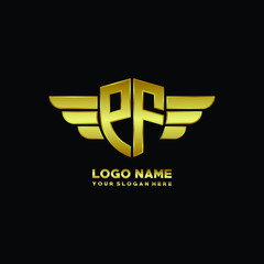 initial letter PF shield logo with wing vector illustration, gold color