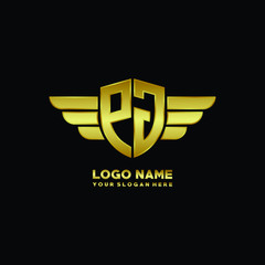 initial letter PJ shield logo with wing vector illustration, gold color