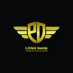 initial letter PO shield logo with wing vector illustration, gold color