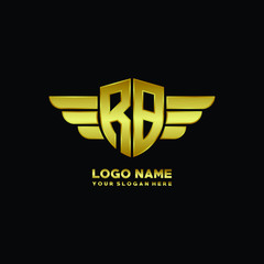 initial letter RB shield logo with wing vector illustration, gold color