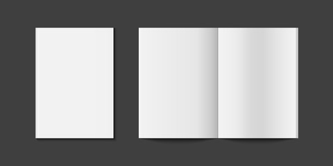 Realistic book or magazine mockup. Mockup magazine cover and page spread. Opened and closed book. Vector template for business and branding identity.
