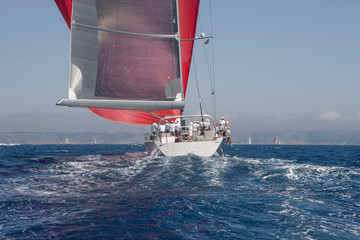 Sailing with super sailing yacht Ghost at Mediterranean Sea. Full sail.  Superyacht. Palma Cup. Palma de Mallorca. Spain. 