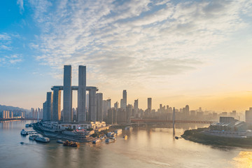 High angle sunny scenery of Chaotianmen Pier in Chongqing, China