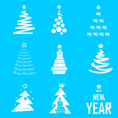 A selection of cute simple Christmas trees for holiday decoration on a blue background 