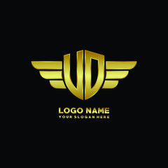 initial letter UD, VD shield logo with wing vector illustration, gold color