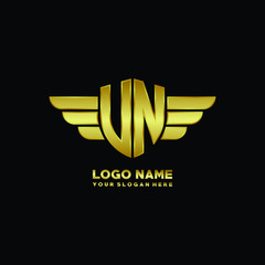 initial letter UN, VN shield logo with wing vector illustration, gold color