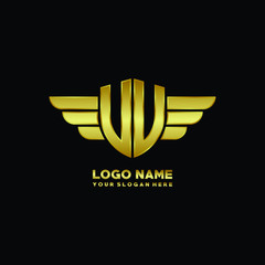 initial letter UU, VU, VV UV shield logo with wing vector illustration, gold color