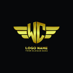 initial letter WC shield logo with wing vector illustration, gold color