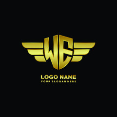 initial letter WE shield logo with wing vector illustration, gold color