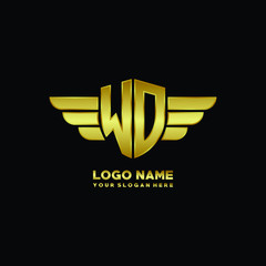 initial letter WD shield logo with wing vector illustration, gold color