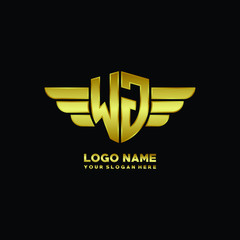 initial letter WJ shield logo with wing vector illustration, gold color
