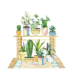 Watercolor hand painted house green plants in pots. Decorative greenery collection. Home plants potted for greeting card, banner, invintation print tshirt.