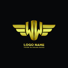 initial letter WW shield logo with wing vector illustration, gold color