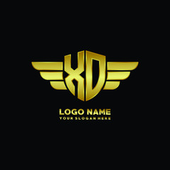 initial letter XD shield logo with wing vector illustration, gold color