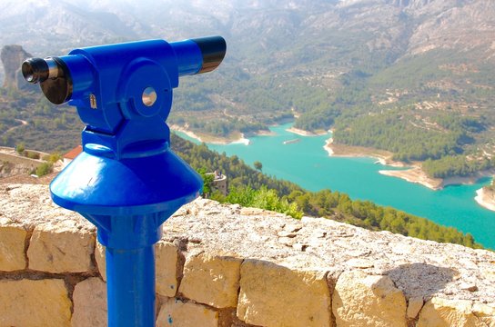 blue coin operated binocular, panorama view in Spain