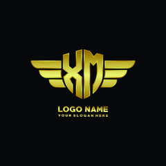 initial letter XM shield logo with wing vector illustration, gold color