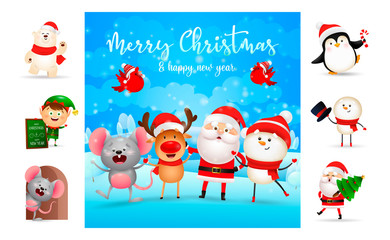 Merry Christmas greeting card on blue background. Text with decorations can be used for invitation and greeting card. New Year concept