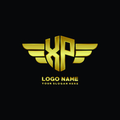 initial letter XP shield logo with wing vector illustration, gold color